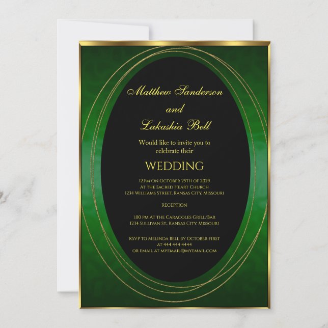 Hochzeit Smaragdgrünes Gold Schwarz Elegant Modern Einladung (Vorderseite)