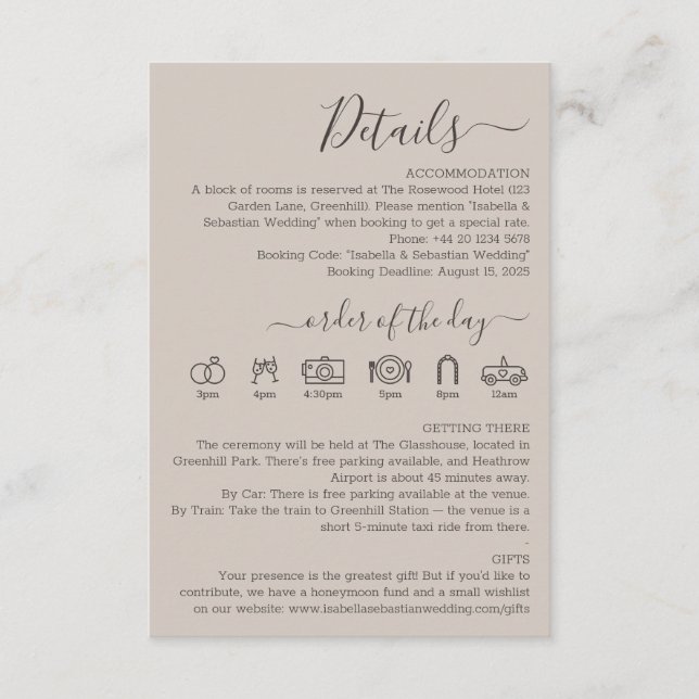 Hochzeit Soft Beige Details Begleitkarte (Vorderseite)