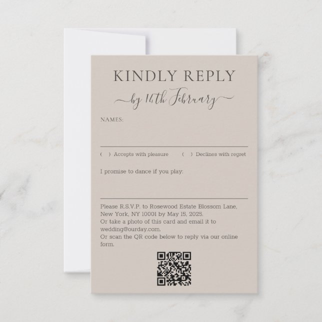 Hochzeit Soft Beige Signatur QR-Code Bitte Antwort (Vorderseite)