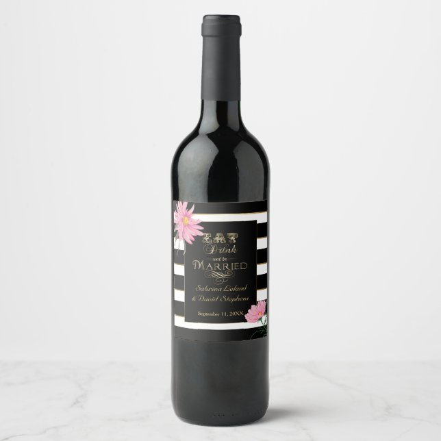 Hochzeit Sparkling Wein Rosa Schwarz-weiß Str. Weinetikett (Vorderseite)