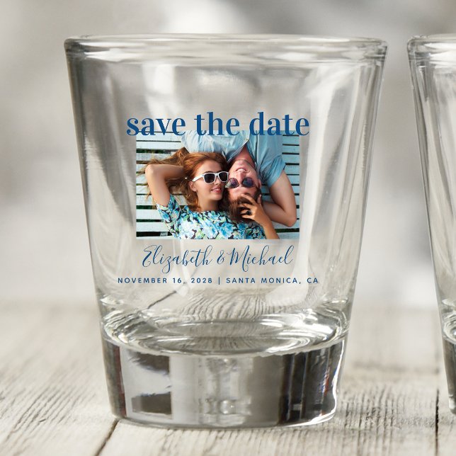 Hochzeit speichern Sie das Date Foto Blue Shot Gla Schnapsglas (Von Creator hochgeladen)