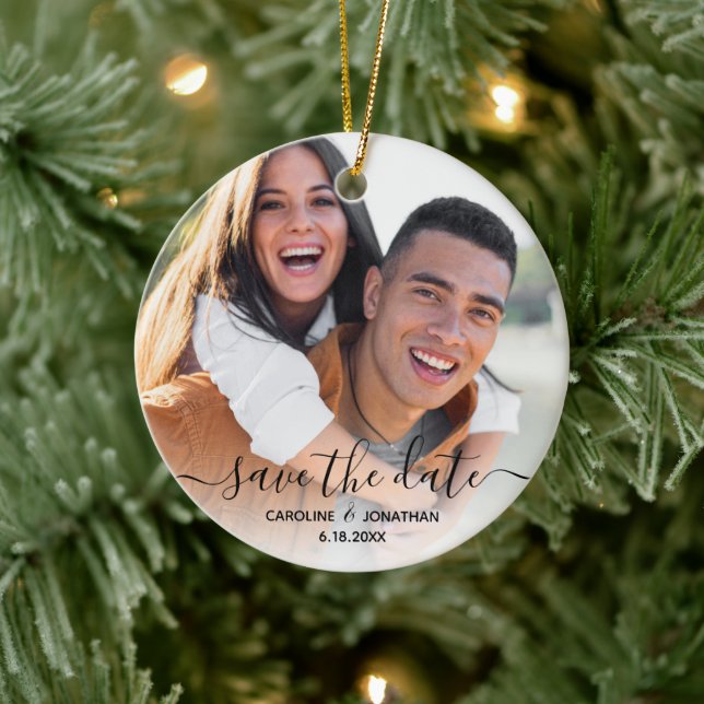 Hochzeit Speichern Sie das Date Foto Hübsch Kallig Keramik Ornament (Baum)
