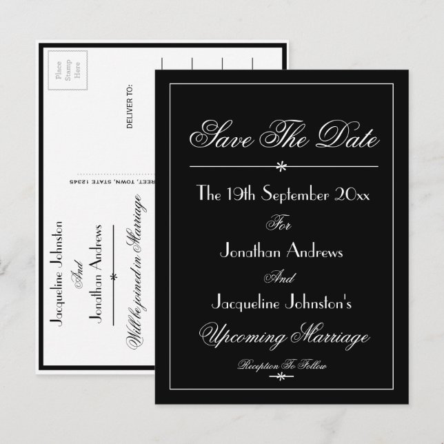 Hochzeit speichern Sie das Datum B & W Elegante Ch Einladungspostkarte (Vorne/Hinten)