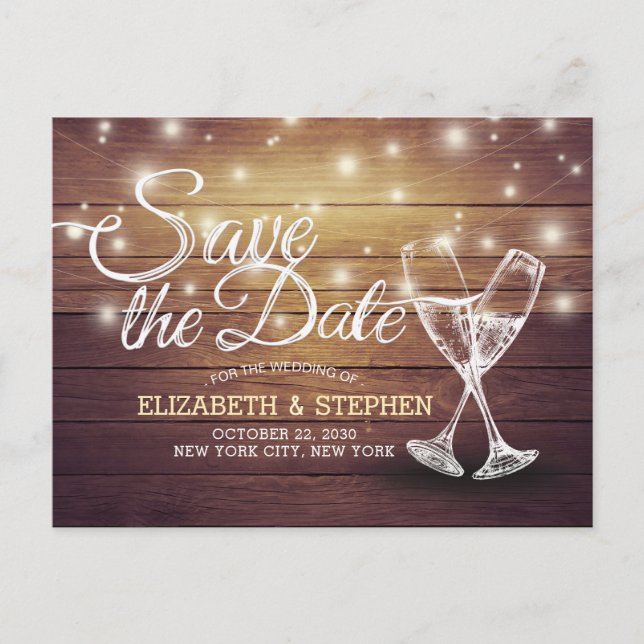 Hochzeit speichern Sie das Datum Champagner Glass  Ankündigungspostkarte (Vorderseite)