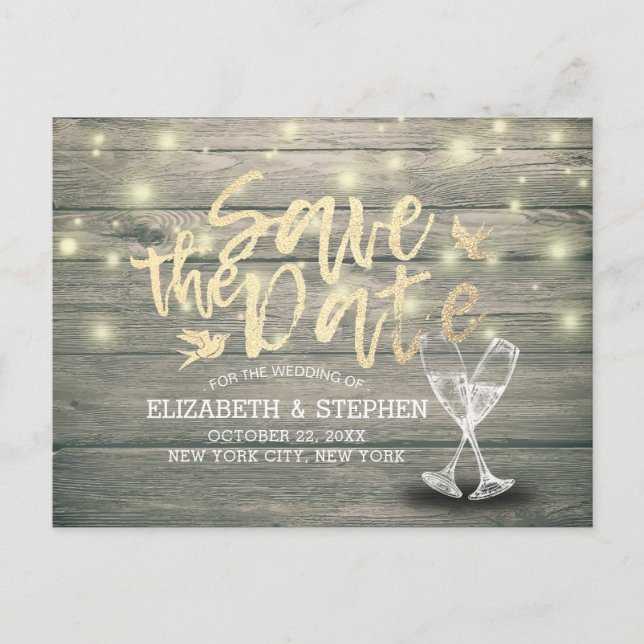 Hochzeit speichern Sie das Datum Champagner Glass  Ankündigungspostkarte (Vorderseite)