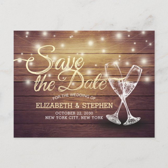 Hochzeit speichern Sie das Datum Champagner Glass  Ankündigungspostkarte (Vorderseite)