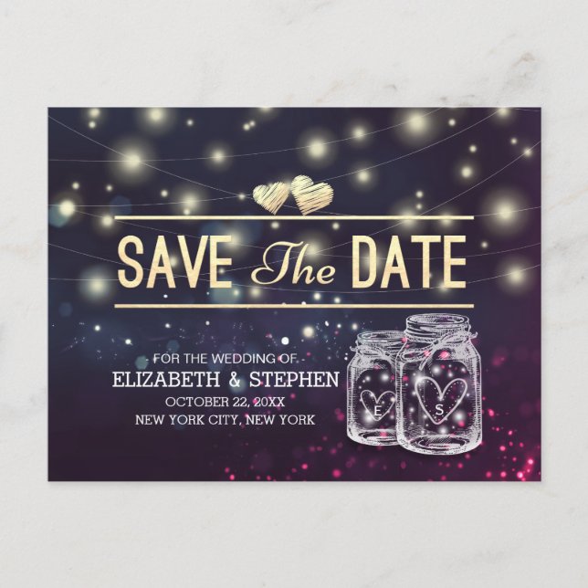 Hochzeit speichern Sie das Datum Chic Mason Jar Li Ankündigungspostkarte (Vorderseite)