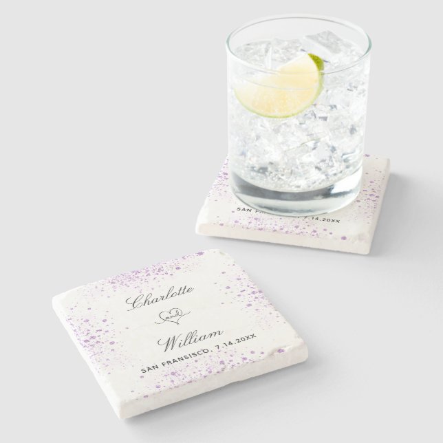 Hochzeit speichern Sie das Datum der violetten Gli Steinuntersetzer (Seitenansicht)