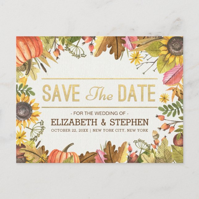 Hochzeit speichern Sie das Datum Herbst Herbstlaub Ankündigungspostkarte (Vorderseite)