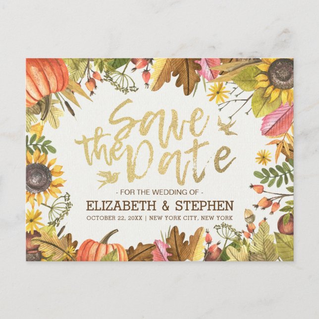 Hochzeit speichern Sie das Datum Herbst Herbstlaub Ankündigungspostkarte (Vorderseite)