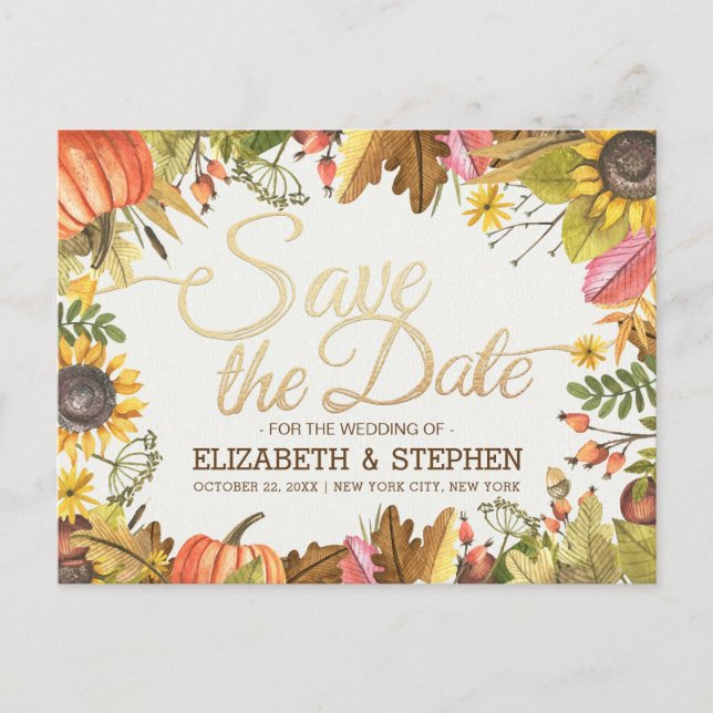 Hochzeit speichern Sie das Datum Herbst Herbstlaub Ankündigungspostkarte (Vorderseite)
