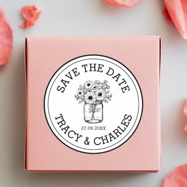 Hochzeit speichern Sie das Datum Mason Jar Blume b Runder Aufkleber (Von Creator hochgeladen)