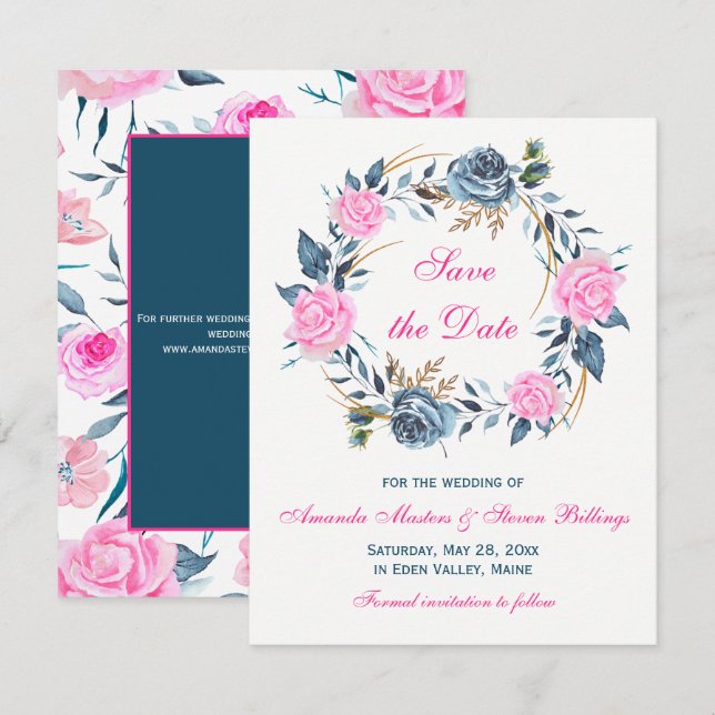 Hochzeit speichern Sie das Datum - Rosa, blaue Ros Einladung (Vorne/Hinten)