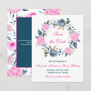Hochzeit speichern Sie das Datum - Rosa, blaue Ros Einladung