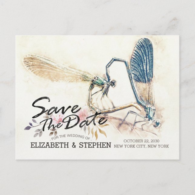 Hochzeit speichert das Date Dragonfly-Paarungsherz Ankündigungspostkarte (Vorderseite)
