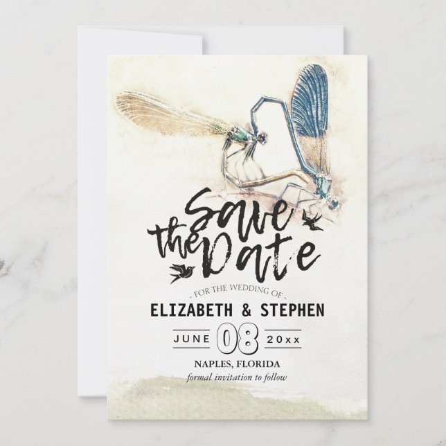 Hochzeit speichert das Date Dragonfly-Paarungsherz Save The Date (Vorderseite)