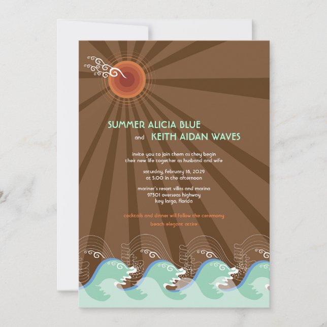 Hochzeit Strand-Sommer-laden coole Wellen-Browns Einladung (Vorderseite)
