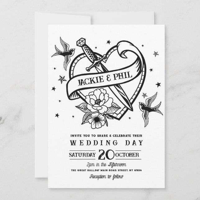 Hochzeit Tattoo traditionelle Rock Heart Doves Einladung (Vorderseite)
