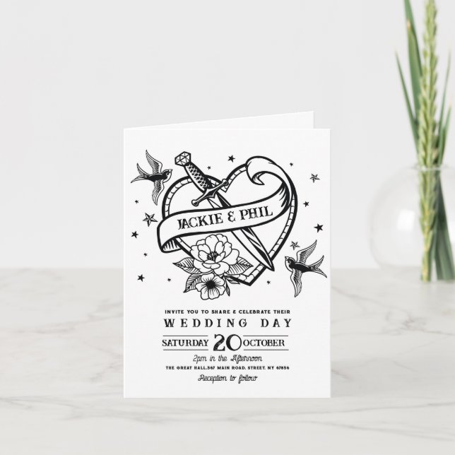 Hochzeit Tattoo traditionelle Rock Heart Doves Einladung (Vorderseite)