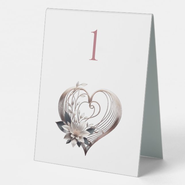 Hochzeit Tischnummer Modernes rosa Herz mit Blume Tischaufsteller (Rückseite)