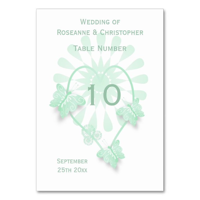 Hochzeit Tischnummer Peppermint Butterflies Herz (Vorderseite)