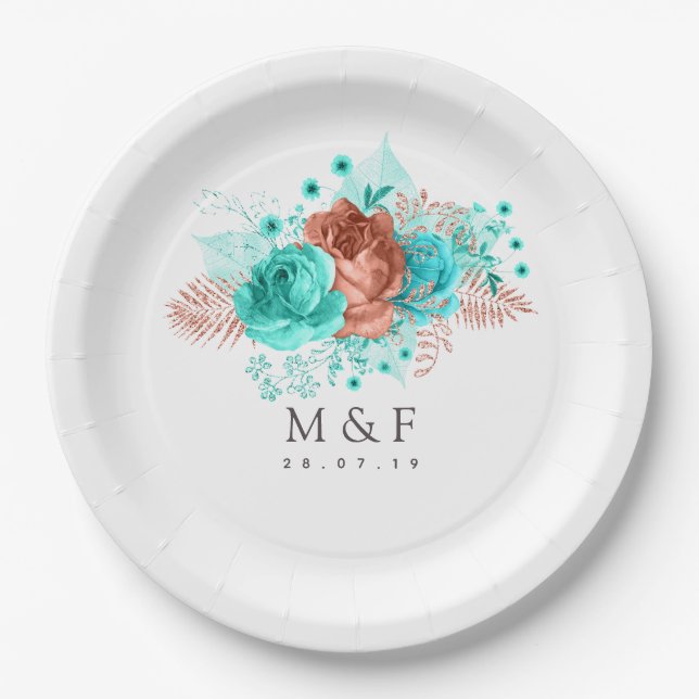 Hochzeit türkisfarbener und tropischer Korallen Pappteller (Vorderseite)