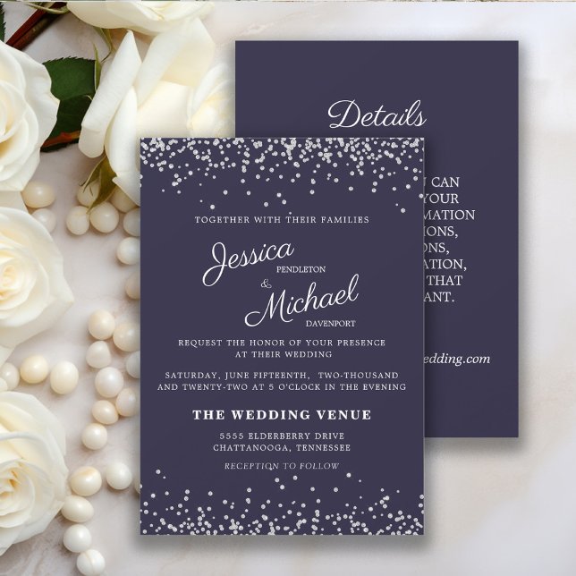 Hochzeit und Details von Navy Blue Silver Glitzer Einladung (Elegant navy blue and silver glitter 2-sided wedding invitation and details card.  )