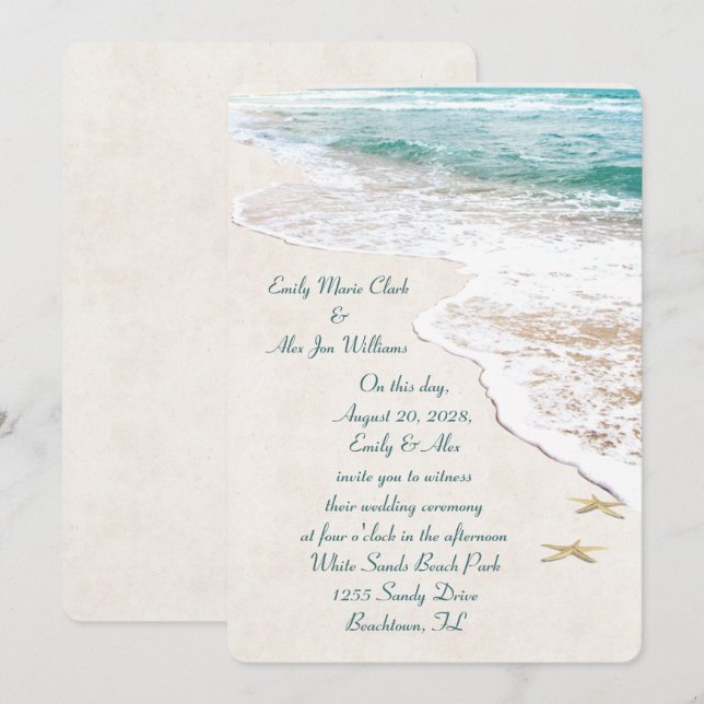 Hochzeit und Starfish am Strand Einladung (Vorne/Hinten)