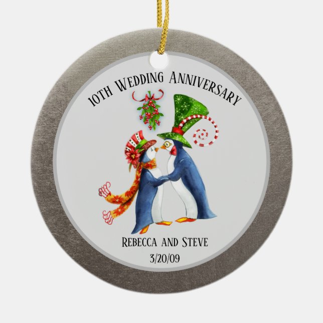 Hochzeit Verheirateten Paarjubiläum Pinguin Silver Keramik Ornament (Vorne)
