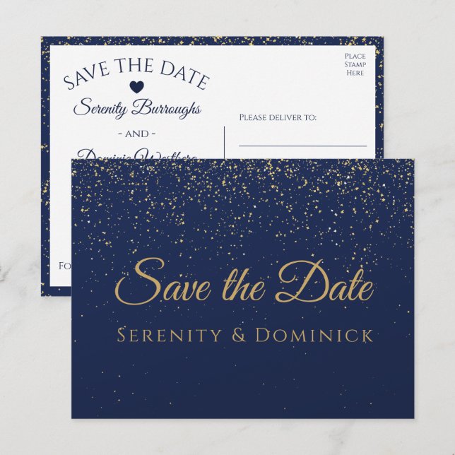 Hochzeit Verlobung Gold Navy Blue Save the Date Postkarte (Vorne/Hinten)