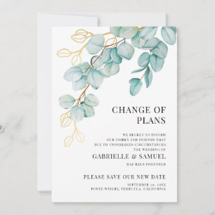 Hochzeit verschoben Elegantes Teal und Gold Eukaly Ankündigung