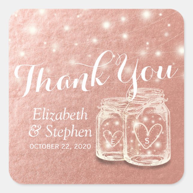 Hochzeit Vielen Dank Mason Jar String Light Rose G Quadratischer Aufkleber (Vorderseite)