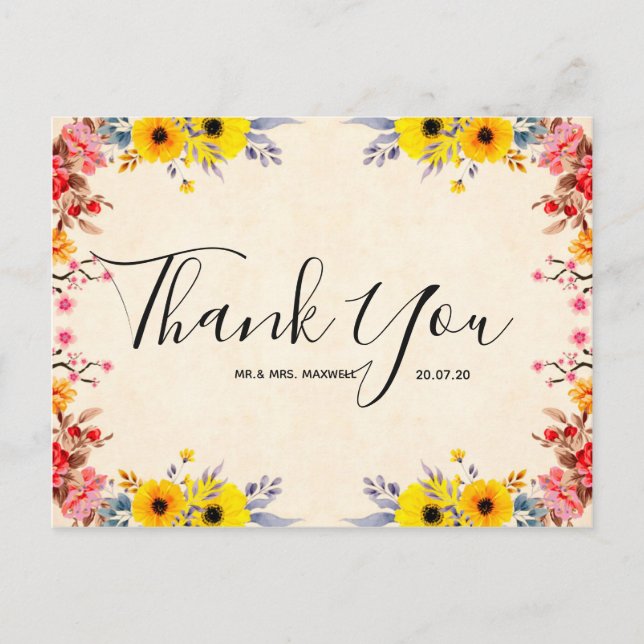 Hochzeit Vielen Dank Romantische Blumenschrift Pos Postkarte (Vorderseite)