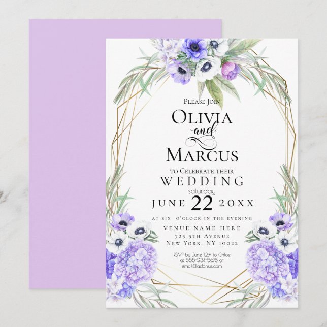Hochzeit | Violett Anemone Blume Einladung (Vorne/Hinten)
