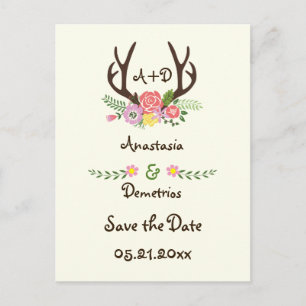 Hochzeit von Antlern & Blume Monogramm speichern S Ankündigungspostkarte