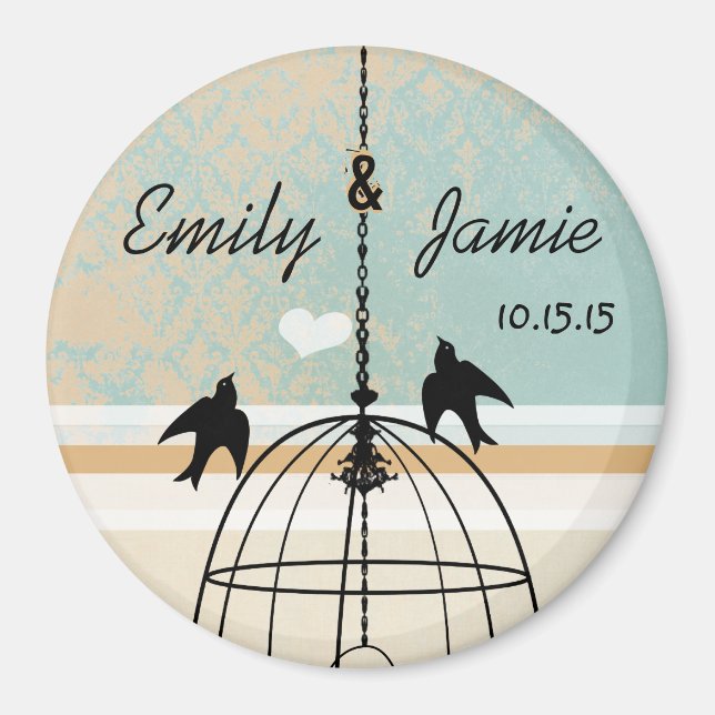 Hochzeit von "Aqua Damask & Coral Bird Cage" Magnet (Vorne)