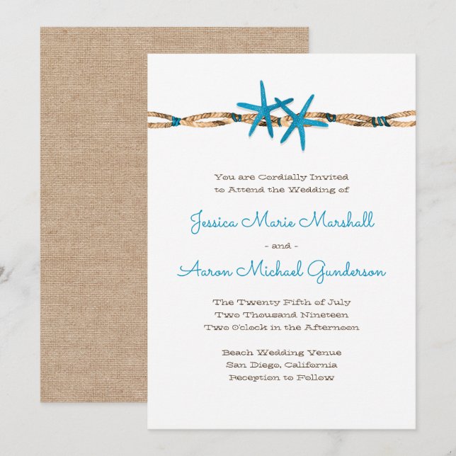 Hochzeit von Aqua Starfish und Nautical Rope 2 Einladung (Vorne/Hinten)
