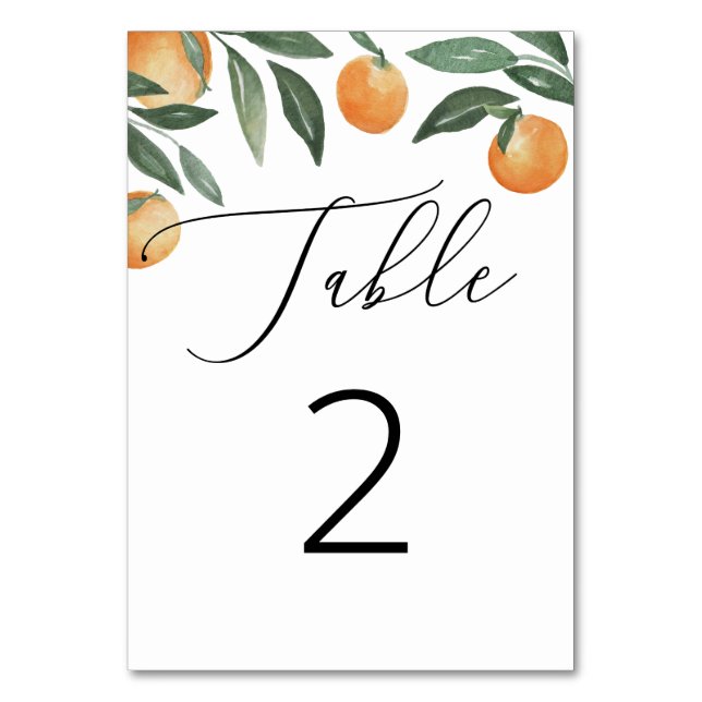 Hochzeit von Aquakulturzitrus. Sommerblumenorange Tischnummer (Vorderseite)