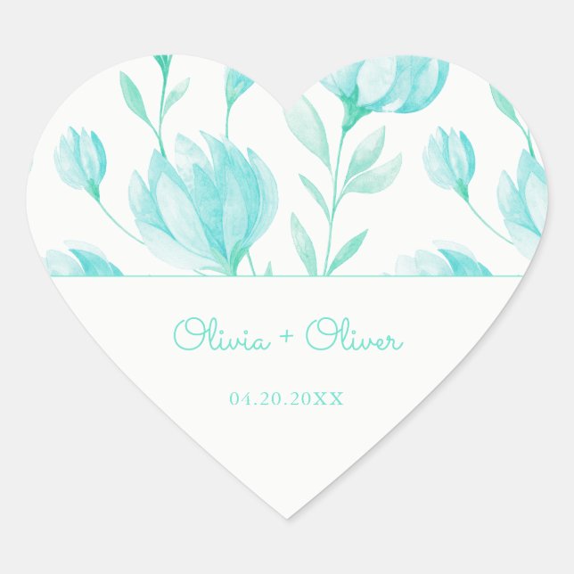 Hochzeit von aquamarinen Peonies Herz-Aufkleber (Vorderseite)