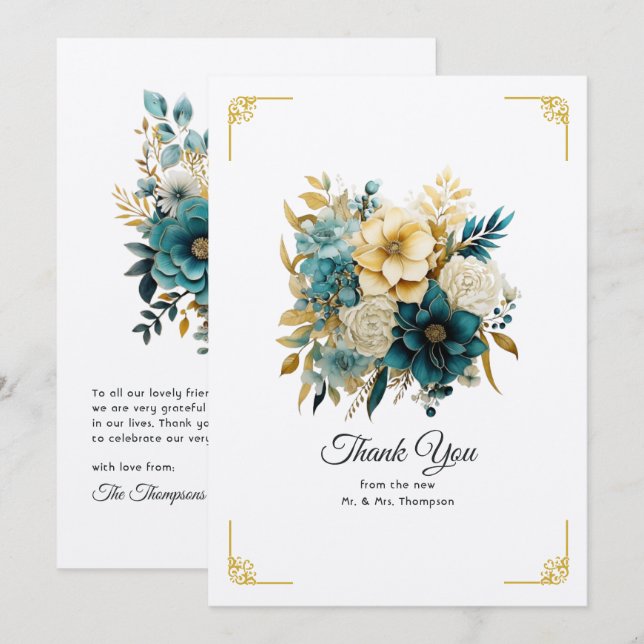 Hochzeit von aquamarinen und Goldfloralen Dankeskarte (Vorne/Hinten)