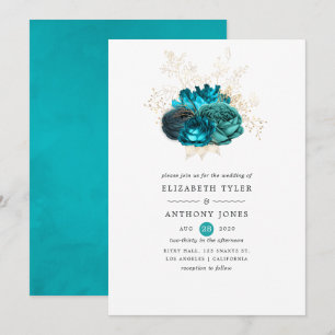 Hochzeit von aquamarinen und Goldfloralen Einladung