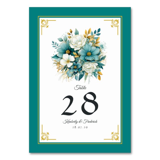 Hochzeit von aquamarinen und Goldfloralen Tischnummer (Vorderseite)