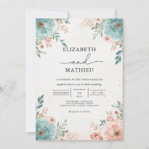 Hochzeit von aquamarinen und korallenfloralen Blüh Einladung