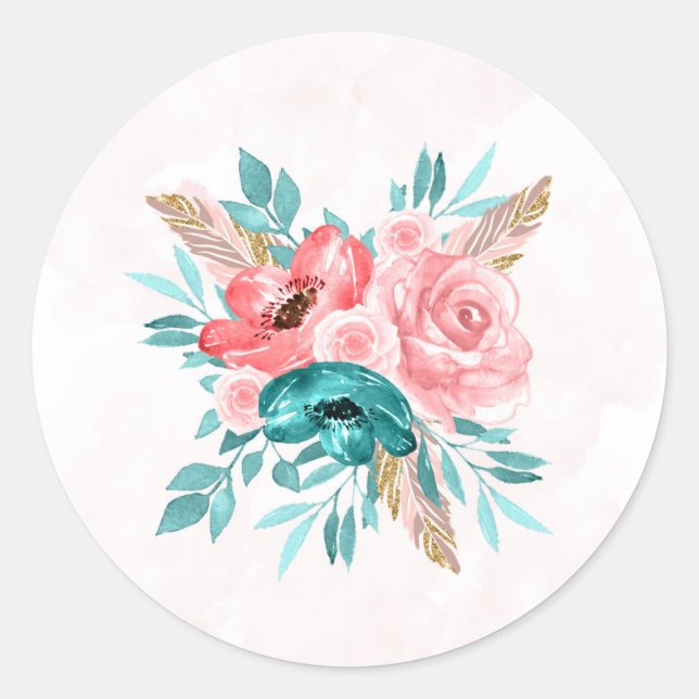 Hochzeit von aquamarinen und Korallenpeony-Blume Runder Aufkleber (Vorderseite)