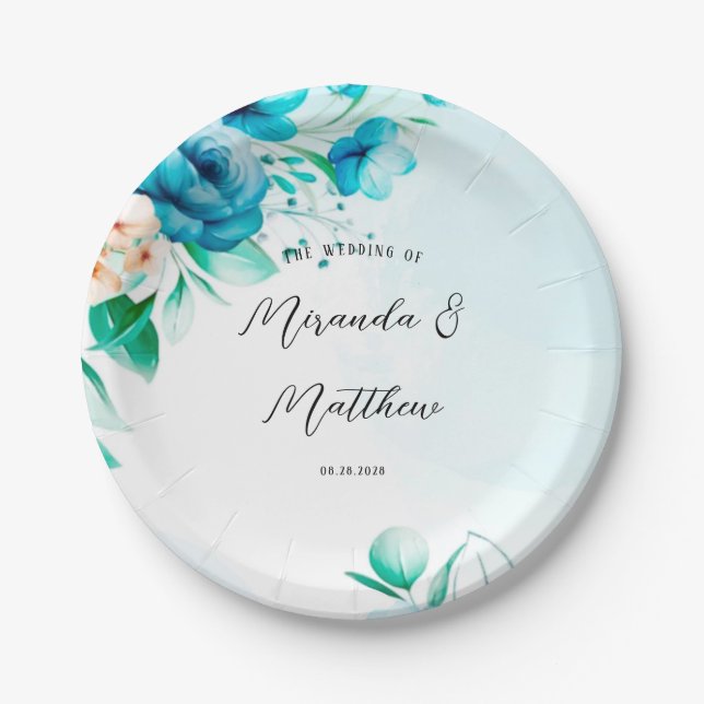 Hochzeit von aquamarinen und pfirsichfarbenen Blum Pappteller (Vorderseite)