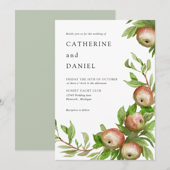 Hochzeit von Aquarelläpfeln Einladung (Vorne/Hinten)
