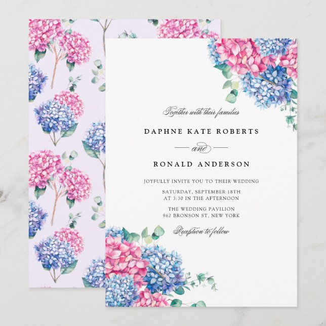 Hochzeit von Aquarellfarben Pink und Blue Hydrange Einladung (Vorne/Hinten)