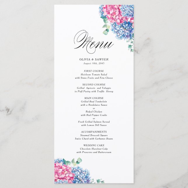 Hochzeit von Aquarellfarben Pink und Blue Hydrange Menükarte (Vorderseite)