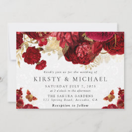 Hochzeit von Aquarellrot und Gold-Blume Einladung