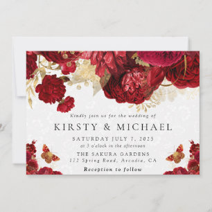 Hochzeit von Aquarellrot und Gold-Blume Einladung